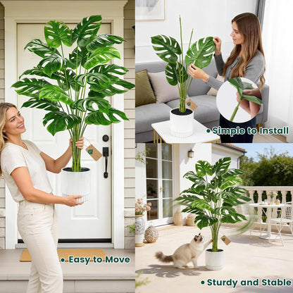 28" Fake Plants, Artificial Monstera Plants Indoor in White Pot | Faux outdoor plants add bright, clean tropical greenery to modern home office, bedroom, entryway, front porch and house decor