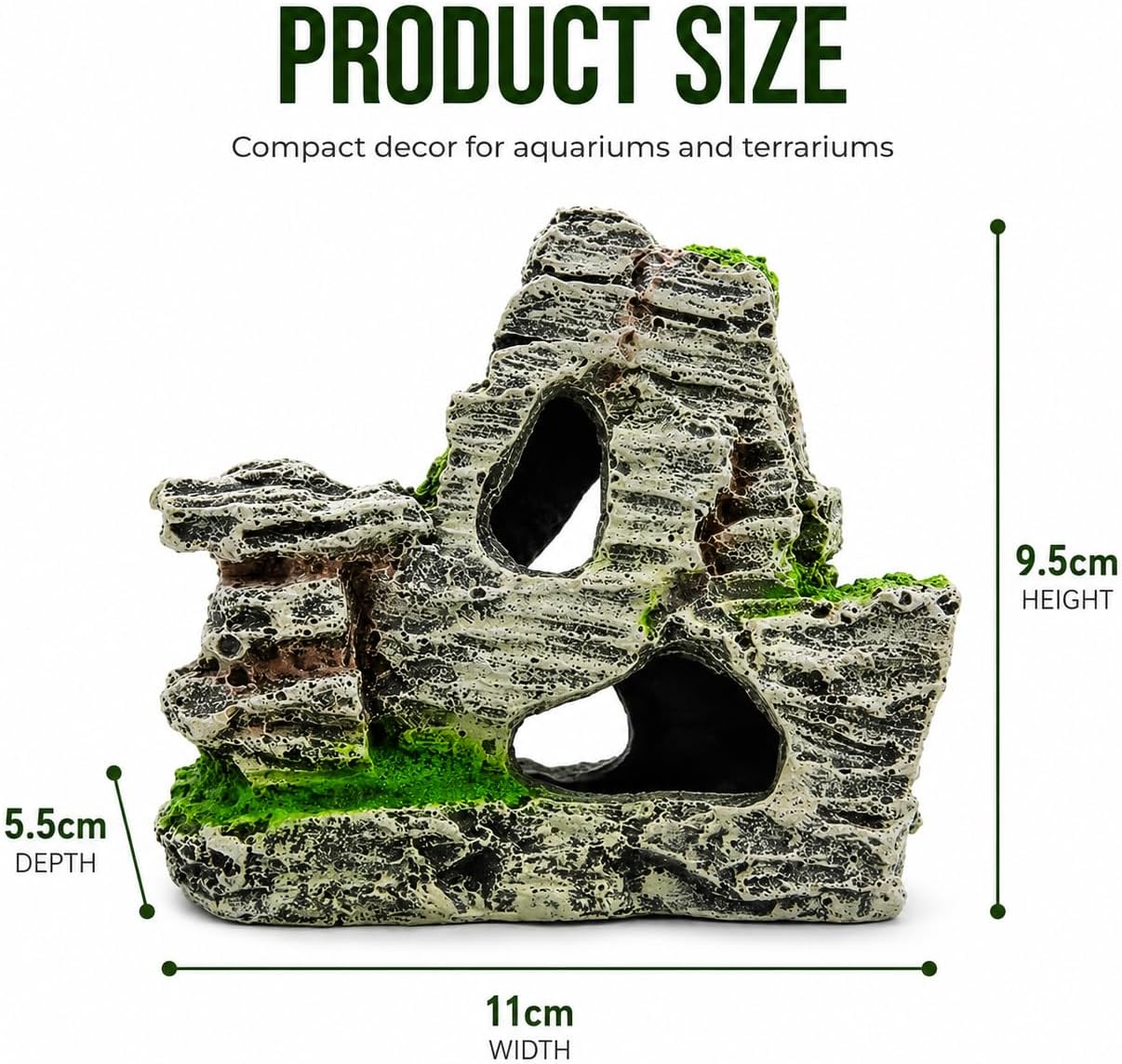 Resin Aquarium Mountain Decor with Moss Rock Cave - Multi-Level Terrain for Fish Tank Landscaping, Natural-Looking Rockery Design with Hidden Cave and Crevices for Shrimp, Reptile Habitat Aquascaping