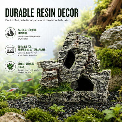 Resin Aquarium Mountain Decor with Moss Rock Cave - Multi-Level Terrain for Fish Tank Landscaping, Natural-Looking Rockery Design with Hidden Cave and Crevices for Shrimp, Reptile Habitat Aquascaping