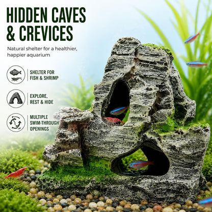 Resin Aquarium Mountain Decor with Moss Rock Cave - Multi-Level Terrain for Fish Tank Landscaping, Natural-Looking Rockery Design with Hidden Cave and Crevices for Shrimp, Reptile Habitat Aquascaping