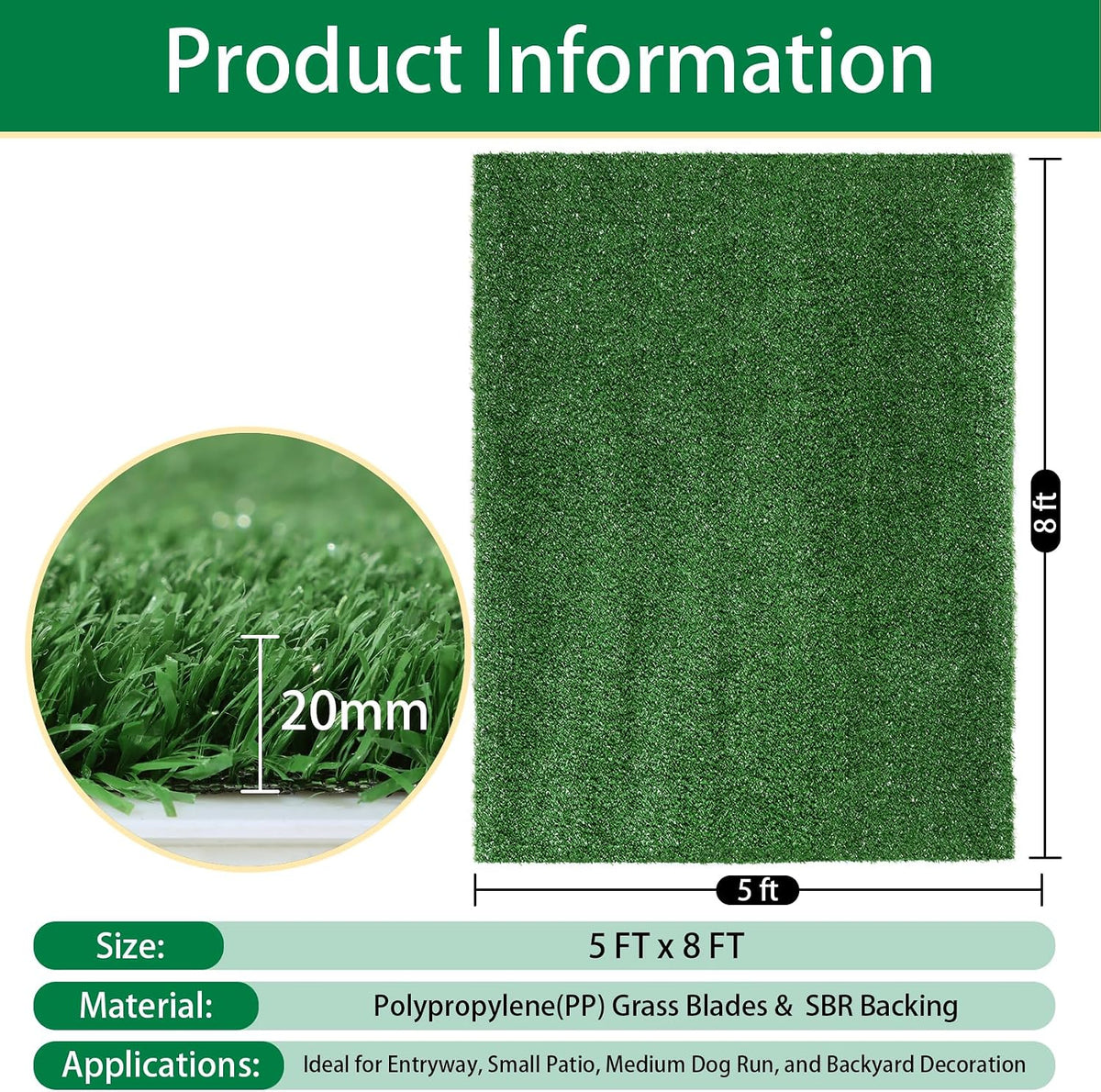 Artificial Grass Outdoor Rug - 5FT x 8FT Fake Grass for Dogs