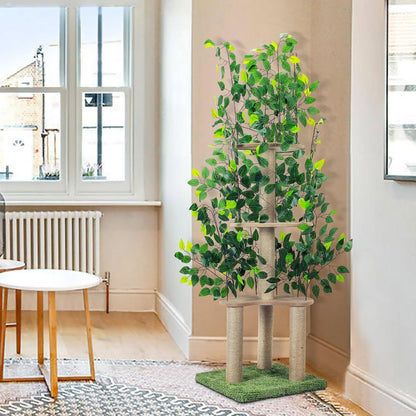 Cat Tree with Leaves, Cat Tower for Indoor Cats, Cat Tree with Scratching Post for Climbing, Hiding(Green)