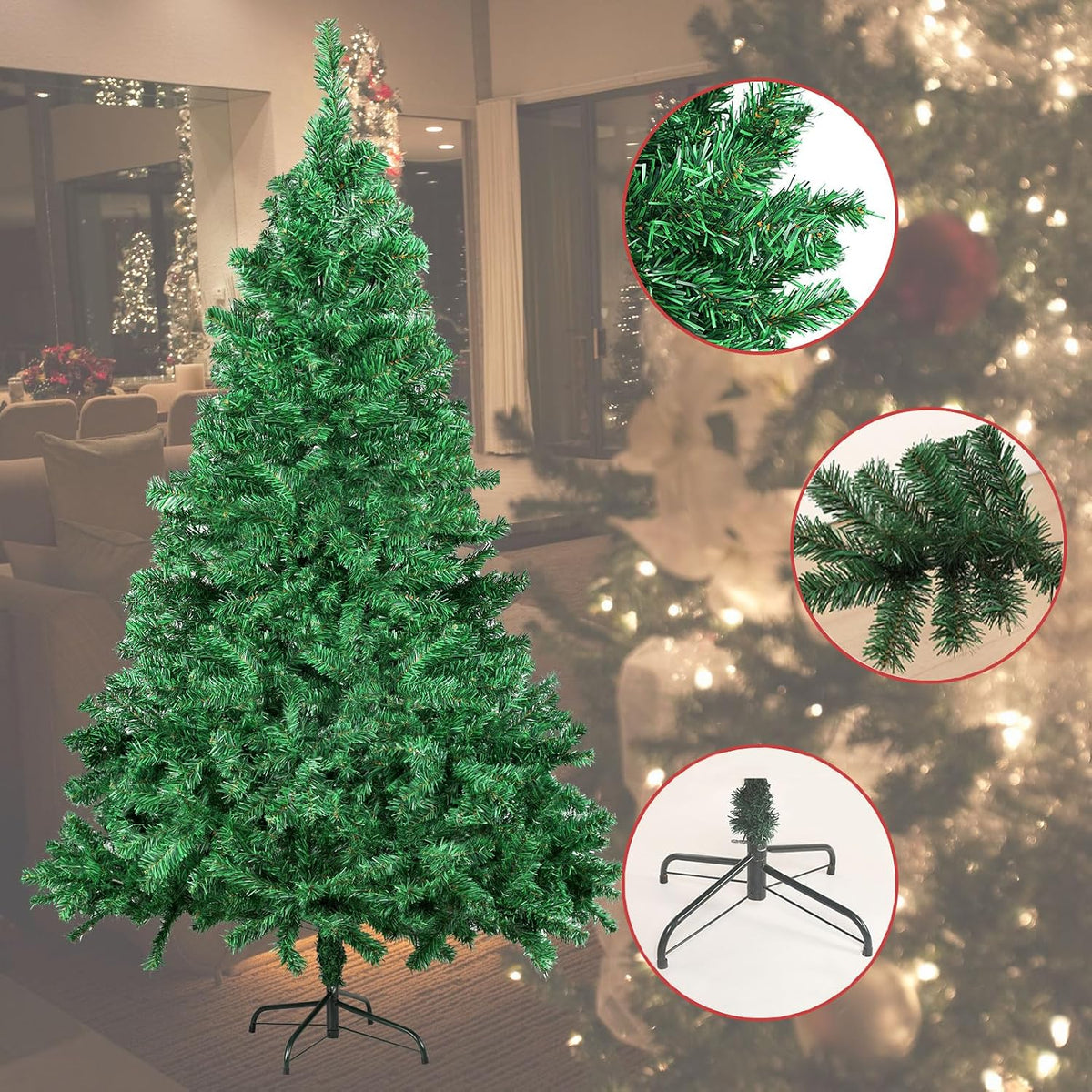 Artificial Christmas Tree, 1000 PVC Tips Full Hinged Spruce Tree with Foldable Metal Stand, Easy Assembly Xmas Tree for Home Office Holiday Party Decoration (Green, 7FT)