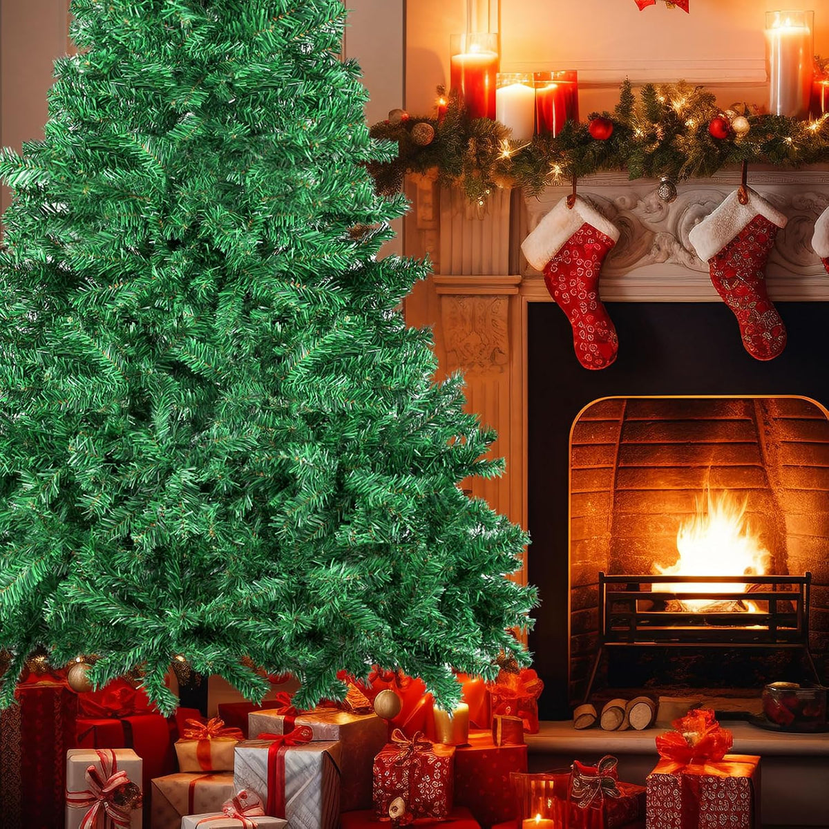 Artificial Christmas Tree, 1000 PVC Tips Full Hinged Spruce Tree with Foldable Metal Stand, Easy Assembly Xmas Tree for Home Office Holiday Party Decoration (Green, 7FT)