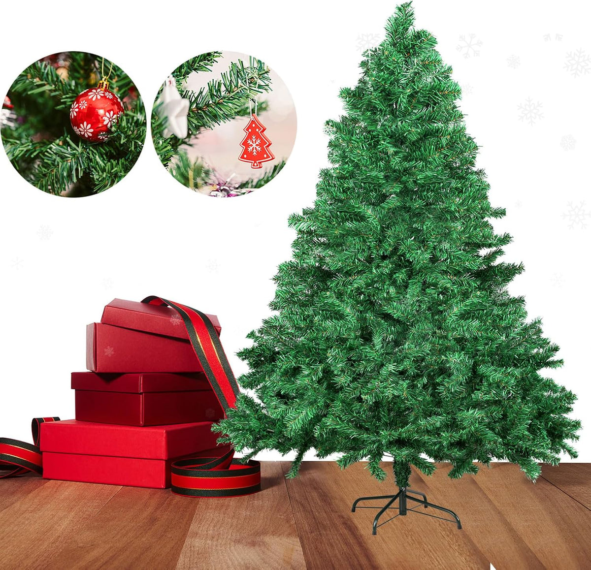 Artificial Christmas Tree, 1000 PVC Tips Full Hinged Spruce Tree with Foldable Metal Stand, Easy Assembly Xmas Tree for Home Office Holiday Party Decoration (Green, 7FT)