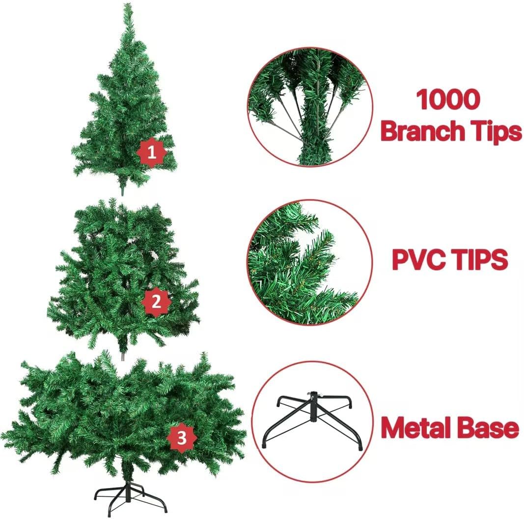 Artificial Christmas Tree, 1000 PVC Tips Full Hinged Spruce Tree with Foldable Metal Stand, Easy Assembly Xmas Tree for Home Office Holiday Party Decoration (Green, 7FT)