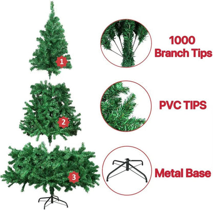 Artificial Christmas Tree, 1000 PVC Tips Full Hinged Spruce Tree with Foldable Metal Stand, Easy Assembly Xmas Tree for Home Office Holiday Party Decoration (Green, 7FT)