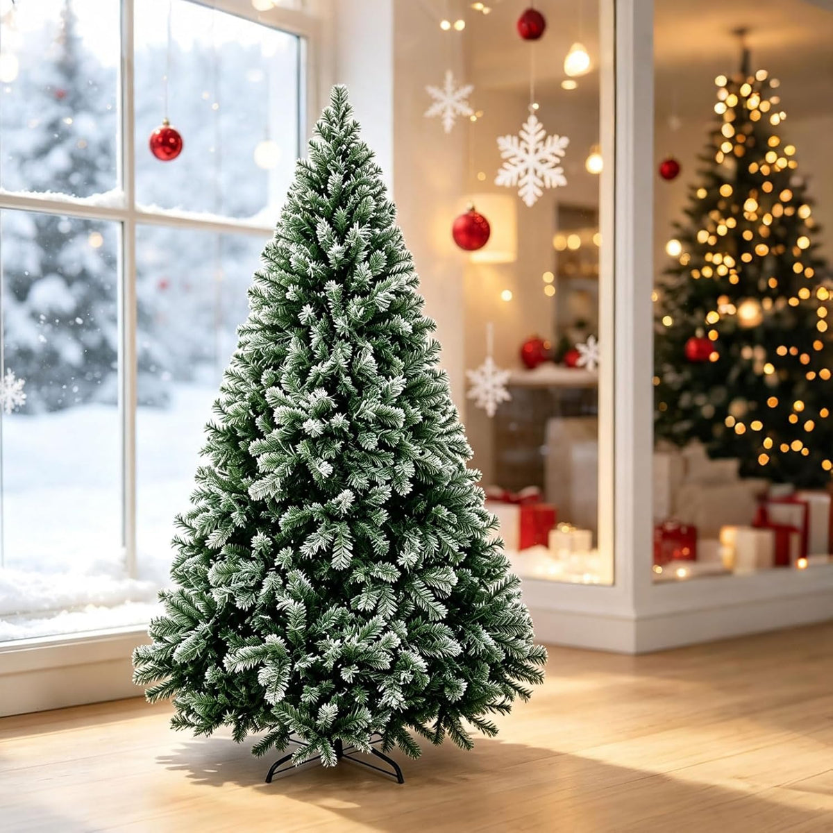Artificial Christmas Tree, 1000 PVC Tips Full Hinged Spruce Tree with Foldable Metal Stand, Easy Assembly Xmas Tree for Home Office Holiday Party Decoration (Green, 7FT)