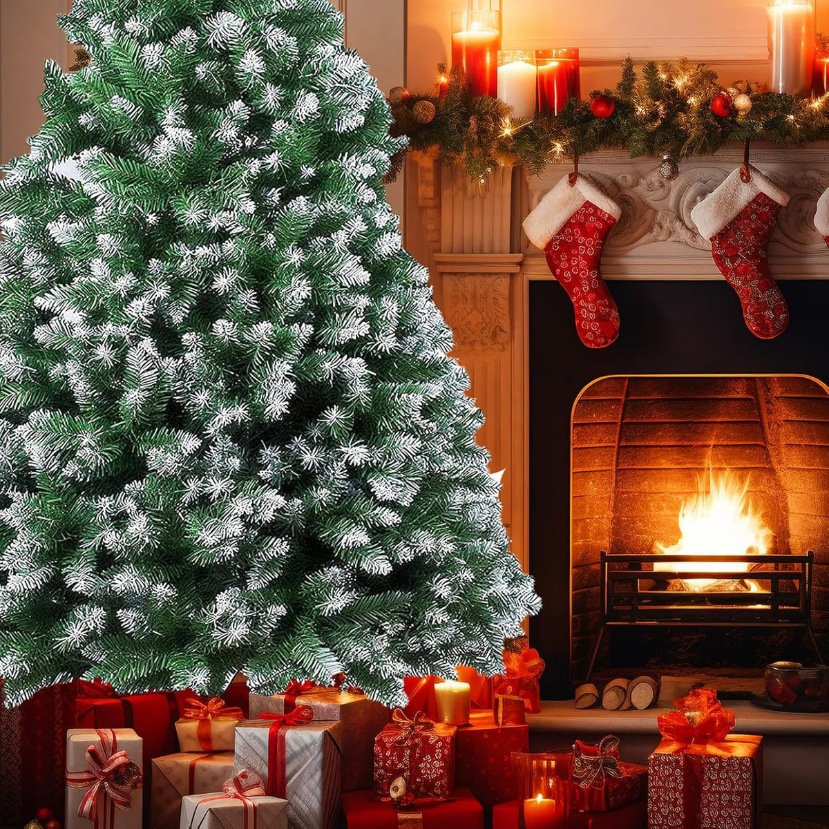 Artificial Christmas Tree, 1000 PVC Tips Full Hinged Spruce Tree with Foldable Metal Stand, Easy Assembly Xmas Tree for Home Office Holiday Party Decoration (Green, 7FT)