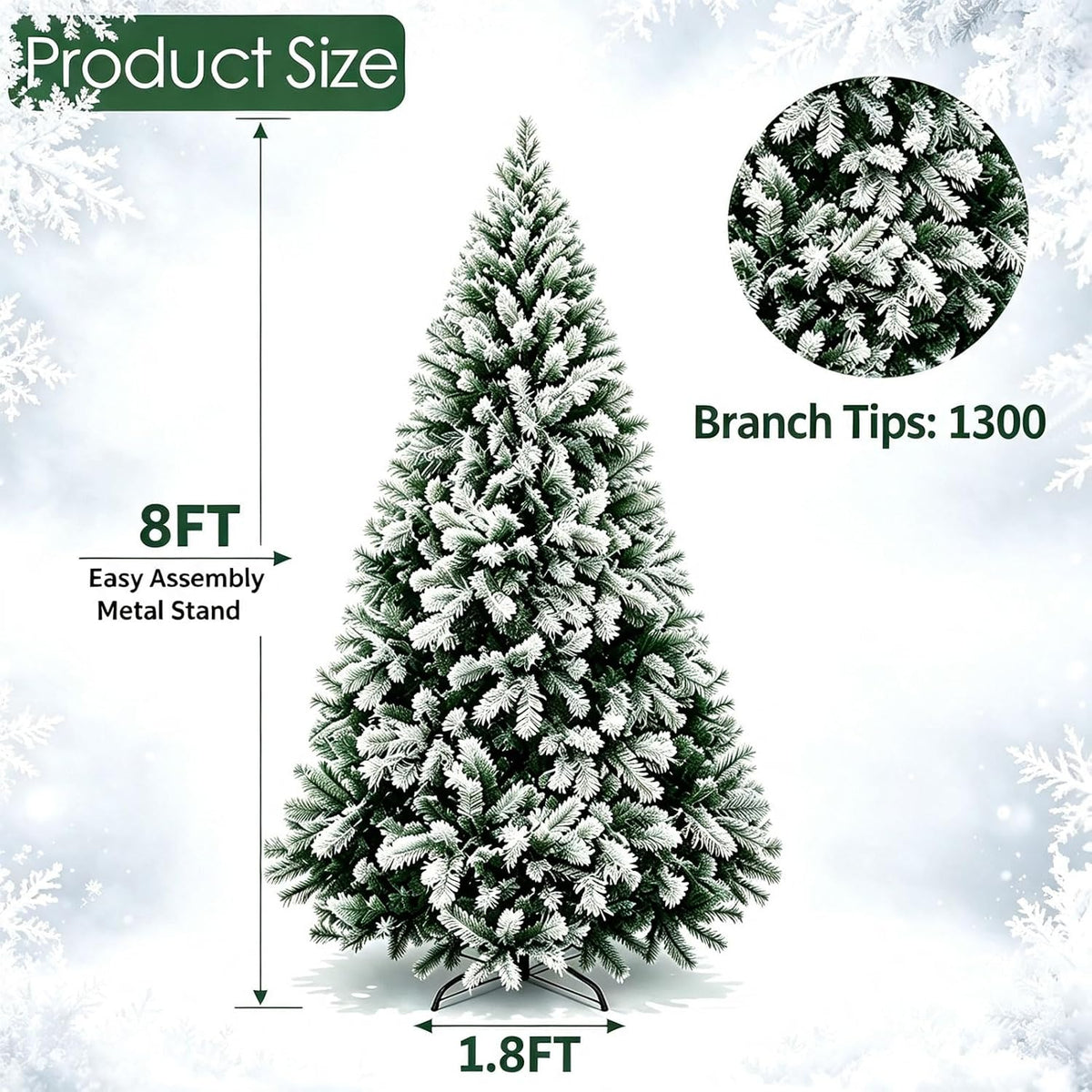 Artificial Christmas Tree, 1000 PVC Tips Full Hinged Spruce Tree with Foldable Metal Stand, Easy Assembly Xmas Tree for Home Office Holiday Party Decoration (Green, 7FT)