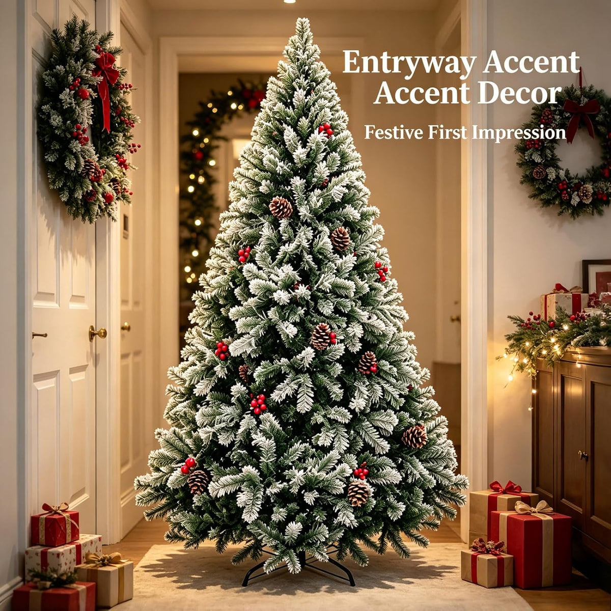 Artificial Christmas Tree, 1000 PVC Tips Full Hinged Spruce Tree with Foldable Metal Stand, Easy Assembly Xmas Tree for Home Office Holiday Party Decoration (Green, 7FT)