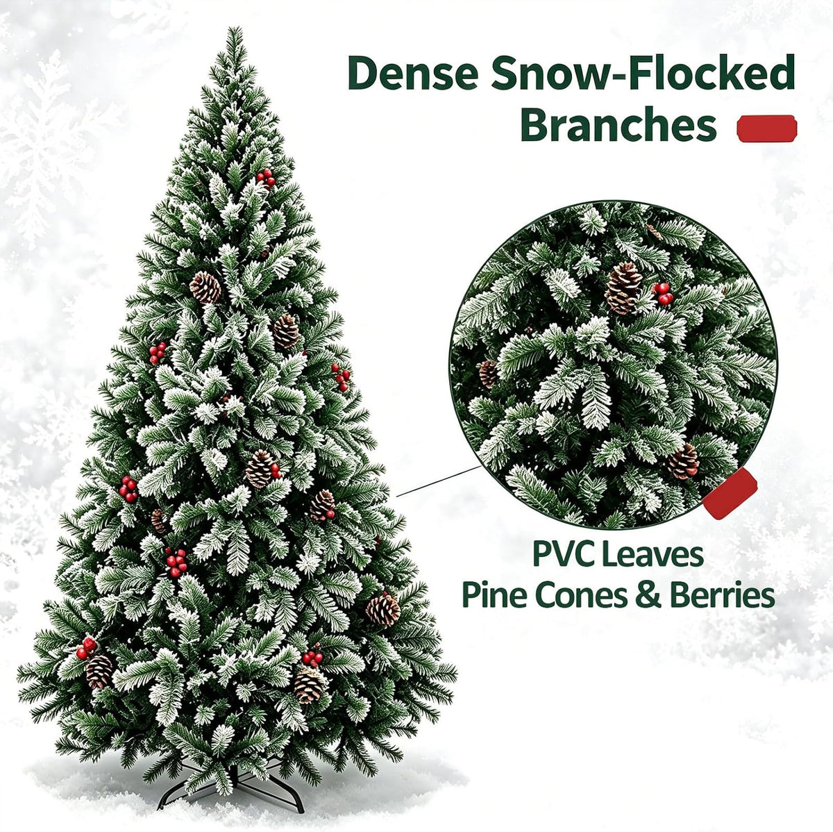 Artificial Christmas Tree, 1000 PVC Tips Full Hinged Spruce Tree with Foldable Metal Stand, Easy Assembly Xmas Tree for Home Office Holiday Party Decoration (Green, 7FT)