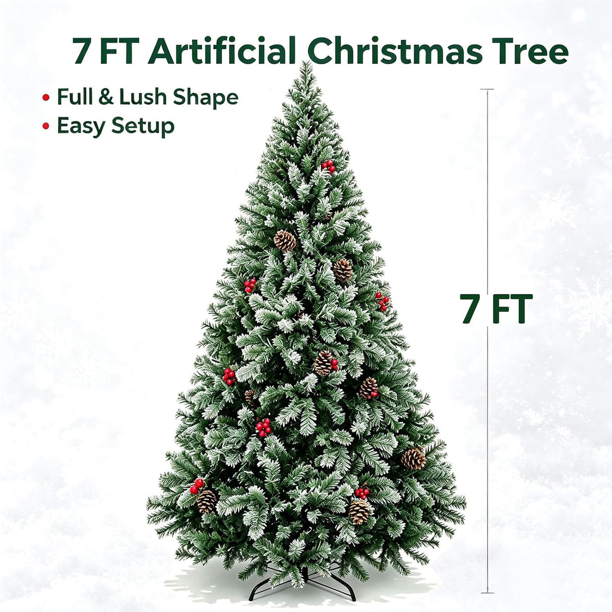Artificial Christmas Tree, 1000 PVC Tips Full Hinged Spruce Tree with Foldable Metal Stand, Easy Assembly Xmas Tree for Home Office Holiday Party Decoration (Green, 7FT)