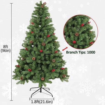Artificial Christmas Tree, 1000 PVC Tips Full Hinged Spruce Tree with Foldable Metal Stand, Easy Assembly Xmas Tree for Home Office Holiday Party Decoration (Green, 7FT)