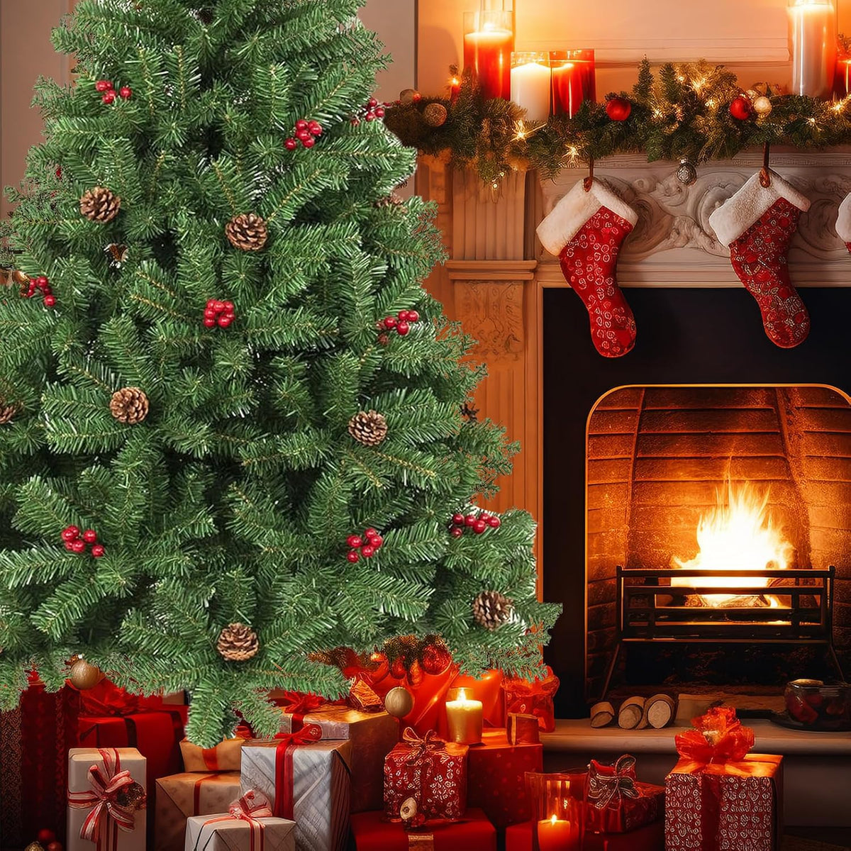 Artificial Christmas Tree, 1000 PVC Tips Full Hinged Spruce Tree with Foldable Metal Stand, Easy Assembly Xmas Tree for Home Office Holiday Party Decoration (Green, 7FT)
