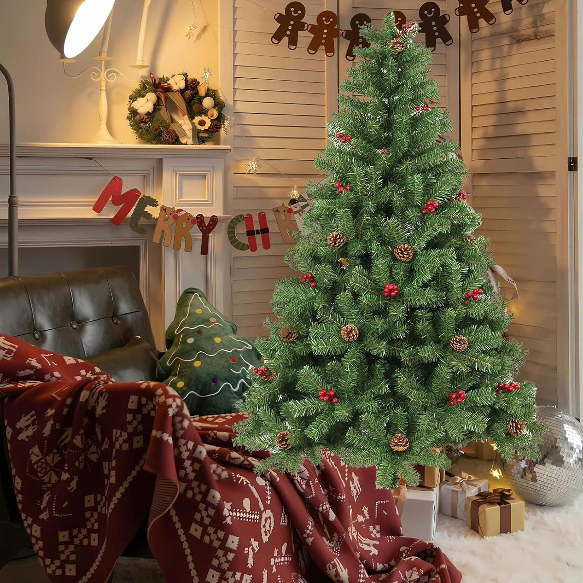 Artificial Christmas Tree, 1000 PVC Tips Full Hinged Spruce Tree with Foldable Metal Stand, Easy Assembly Xmas Tree for Home Office Holiday Party Decoration (Green, 7FT)