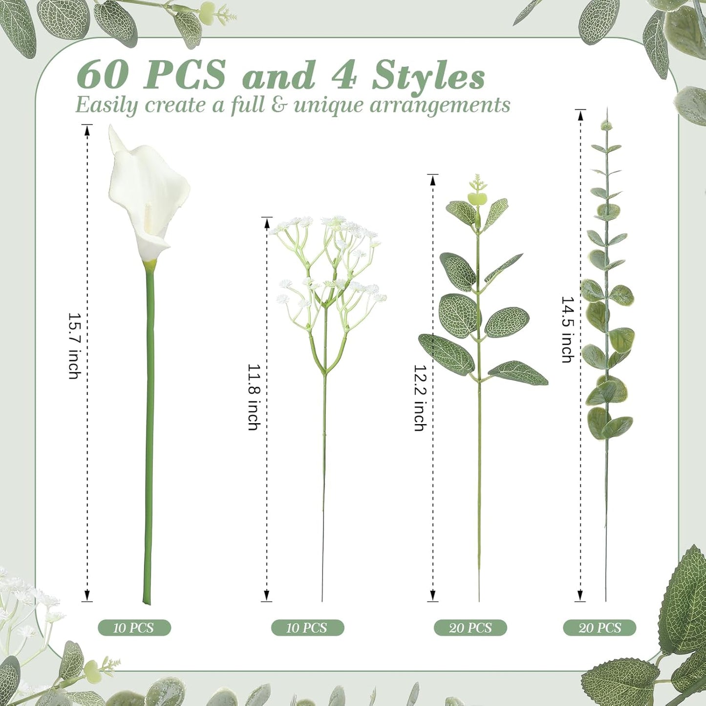 4 Kinds 55PCS Silk Hydrangea Artificial Flowers Eucalyptus Stems, Fake Flower Suitable for Vase Bedroom Kitchen Decor Home Party Table Wedding Decor DIY Floral Decoration