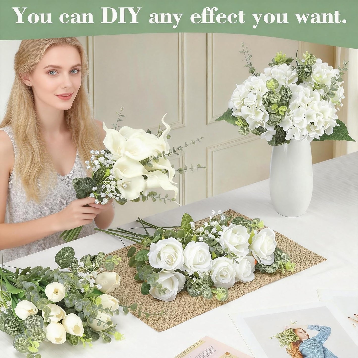 4 Kinds 55PCS Silk Hydrangea Artificial Flowers Eucalyptus Stems, Fake Flower Suitable for Vase Bedroom Kitchen Decor Home Party Table Wedding Decor DIY Floral Decoration
