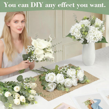4 Kinds 55PCS Silk Hydrangea Artificial Flowers Eucalyptus Stems, Fake Flower Suitable for Vase Bedroom Kitchen Decor Home Party Table Wedding Decor DIY Floral Decoration