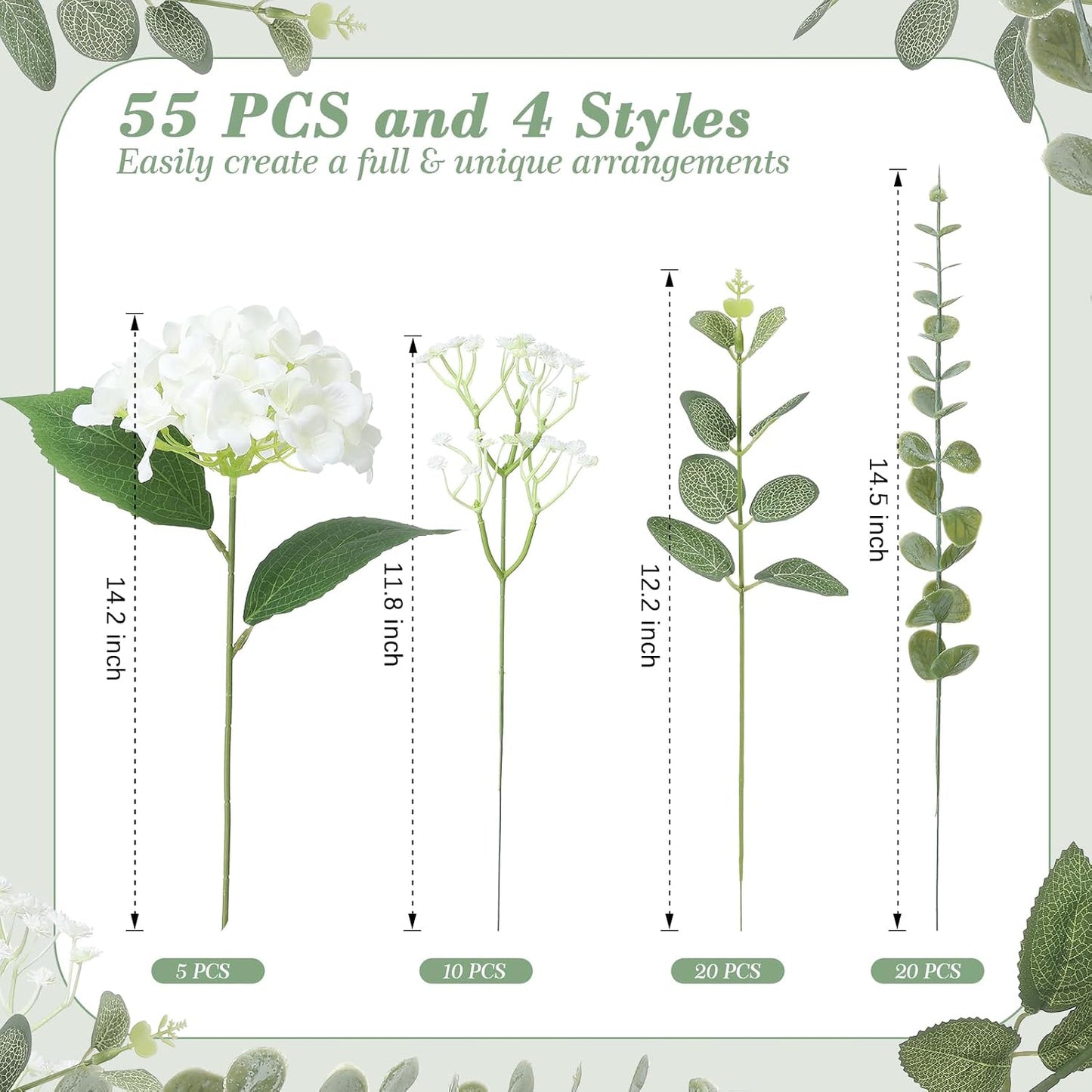 4 Kinds 55PCS Silk Hydrangea Artificial Flowers Eucalyptus Stems, Fake Flower Suitable for Vase Bedroom Kitchen Decor Home Party Table Wedding Decor DIY Floral Decoration