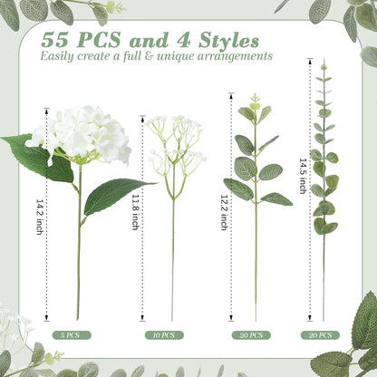 4 Kinds 55PCS Silk Hydrangea Artificial Flowers Eucalyptus Stems, Fake Flower Suitable for Vase Bedroom Kitchen Decor Home Party Table Wedding Decor DIY Floral Decoration