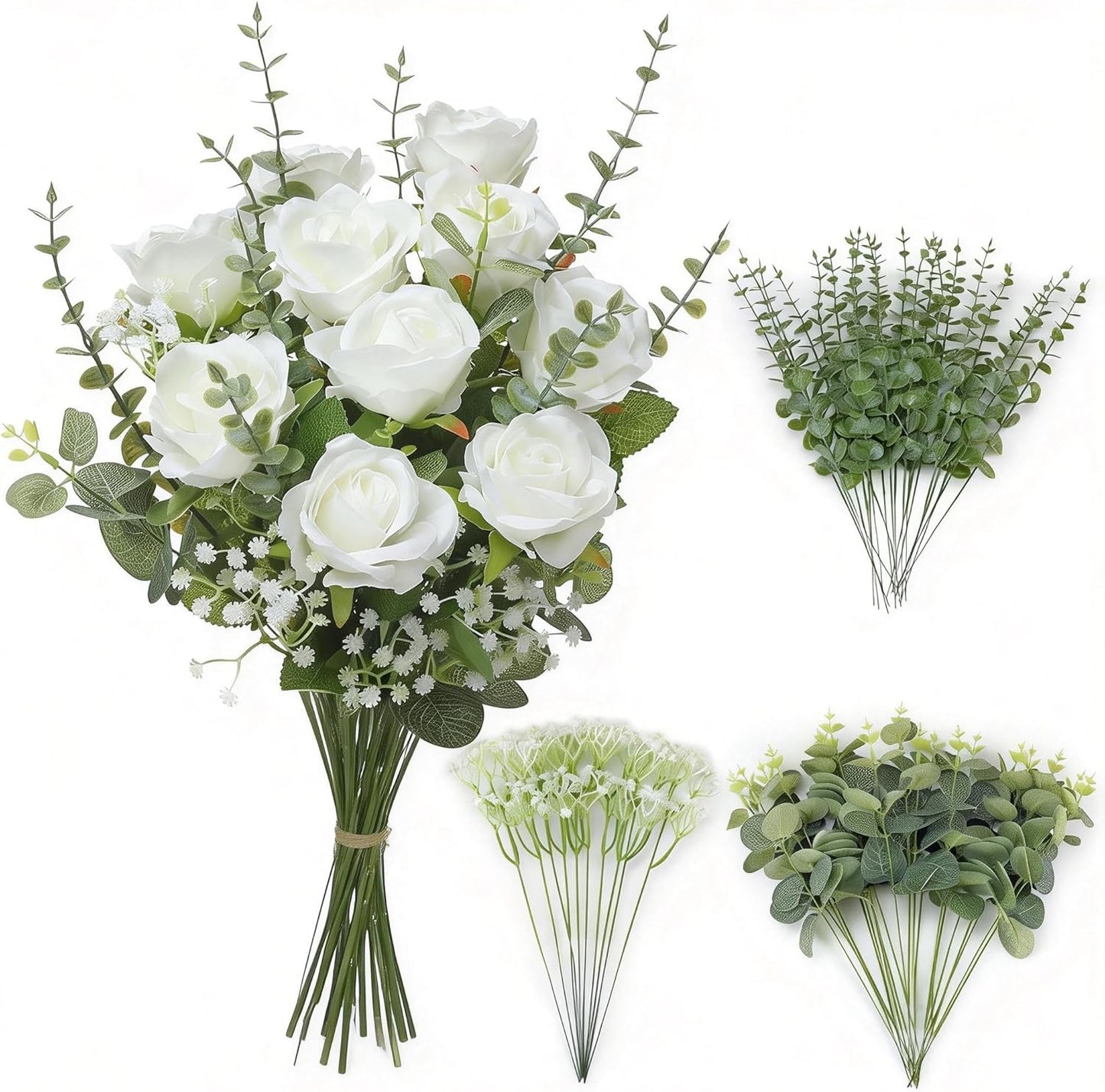 4 Kinds 55PCS Silk Hydrangea Artificial Flowers Eucalyptus Stems, Fake Flower Suitable for Vase Bedroom Kitchen Decor Home Party Table Wedding Decor DIY Floral Decoration
