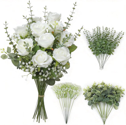 4 Kinds 55PCS Silk Hydrangea Artificial Flowers Eucalyptus Stems, Fake Flower Suitable for Vase Bedroom Kitchen Decor Home Party Table Wedding Decor DIY Floral Decoration