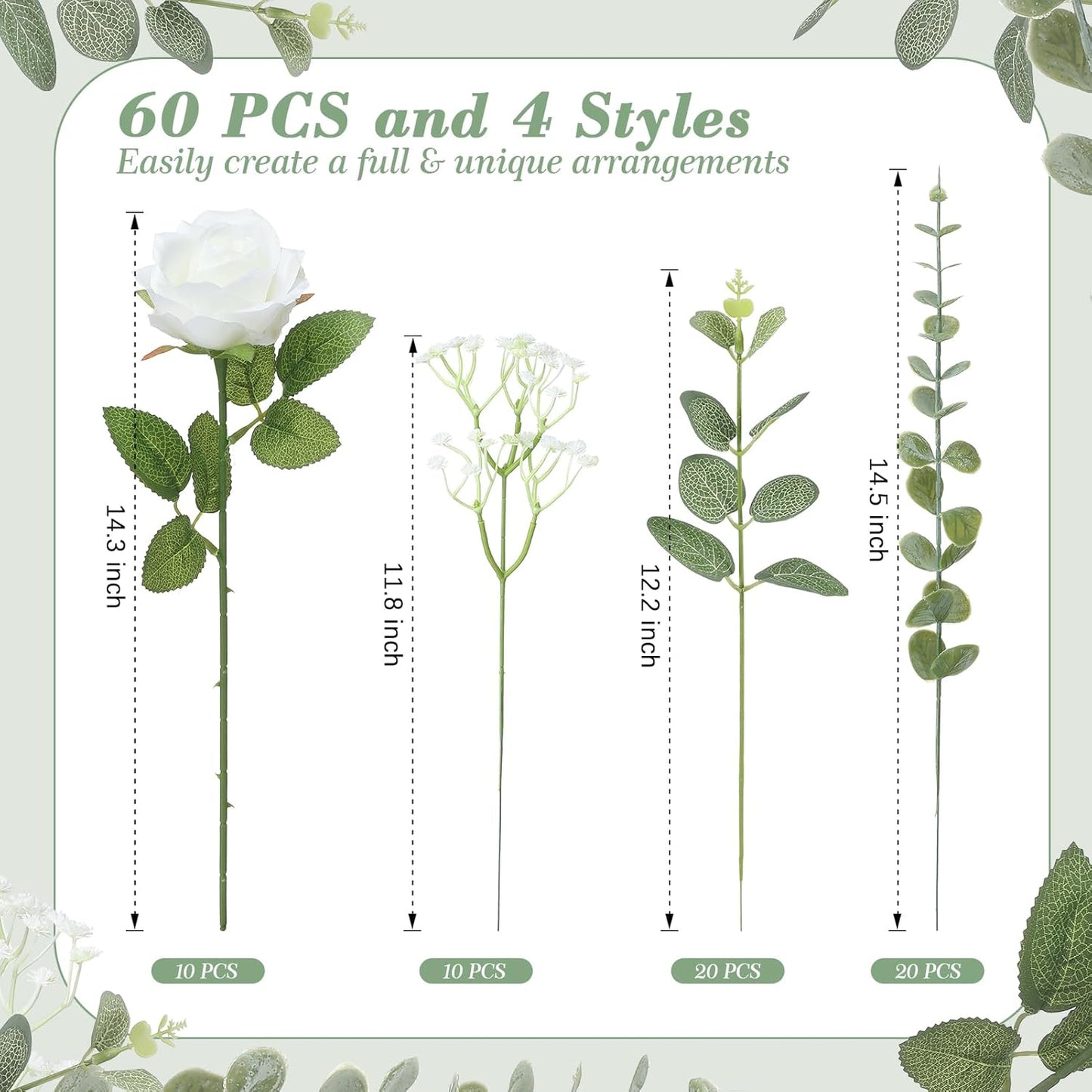 4 Kinds 55PCS Silk Hydrangea Artificial Flowers Eucalyptus Stems, Fake Flower Suitable for Vase Bedroom Kitchen Decor Home Party Table Wedding Decor DIY Floral Decoration