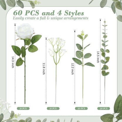 4 Kinds 55PCS Silk Hydrangea Artificial Flowers Eucalyptus Stems, Fake Flower Suitable for Vase Bedroom Kitchen Decor Home Party Table Wedding Decor DIY Floral Decoration