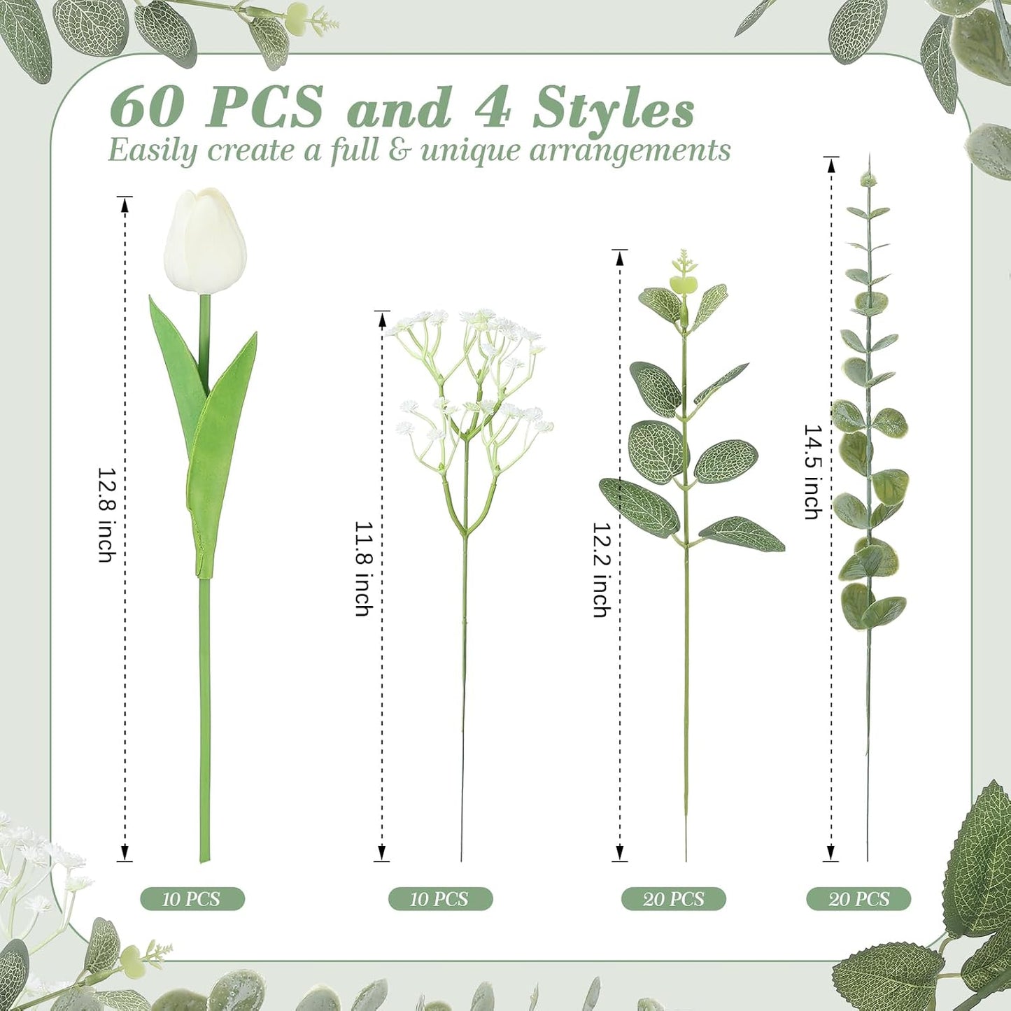 4 Kinds 55PCS Silk Hydrangea Artificial Flowers Eucalyptus Stems, Fake Flower Suitable for Vase Bedroom Kitchen Decor Home Party Table Wedding Decor DIY Floral Decoration