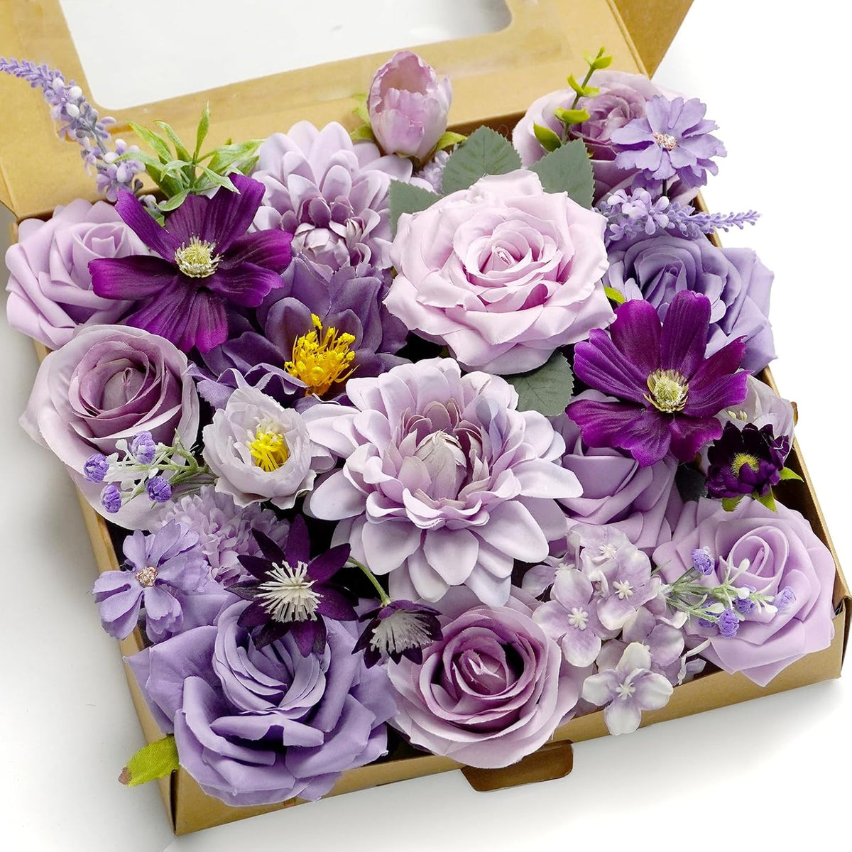 Artificial Flower Purple Combo Box Set Fake Rose Dahlia for DIY Wedding Center Bouquet Bride Baby Shower Party Tables Decoration Floral Arrangements.