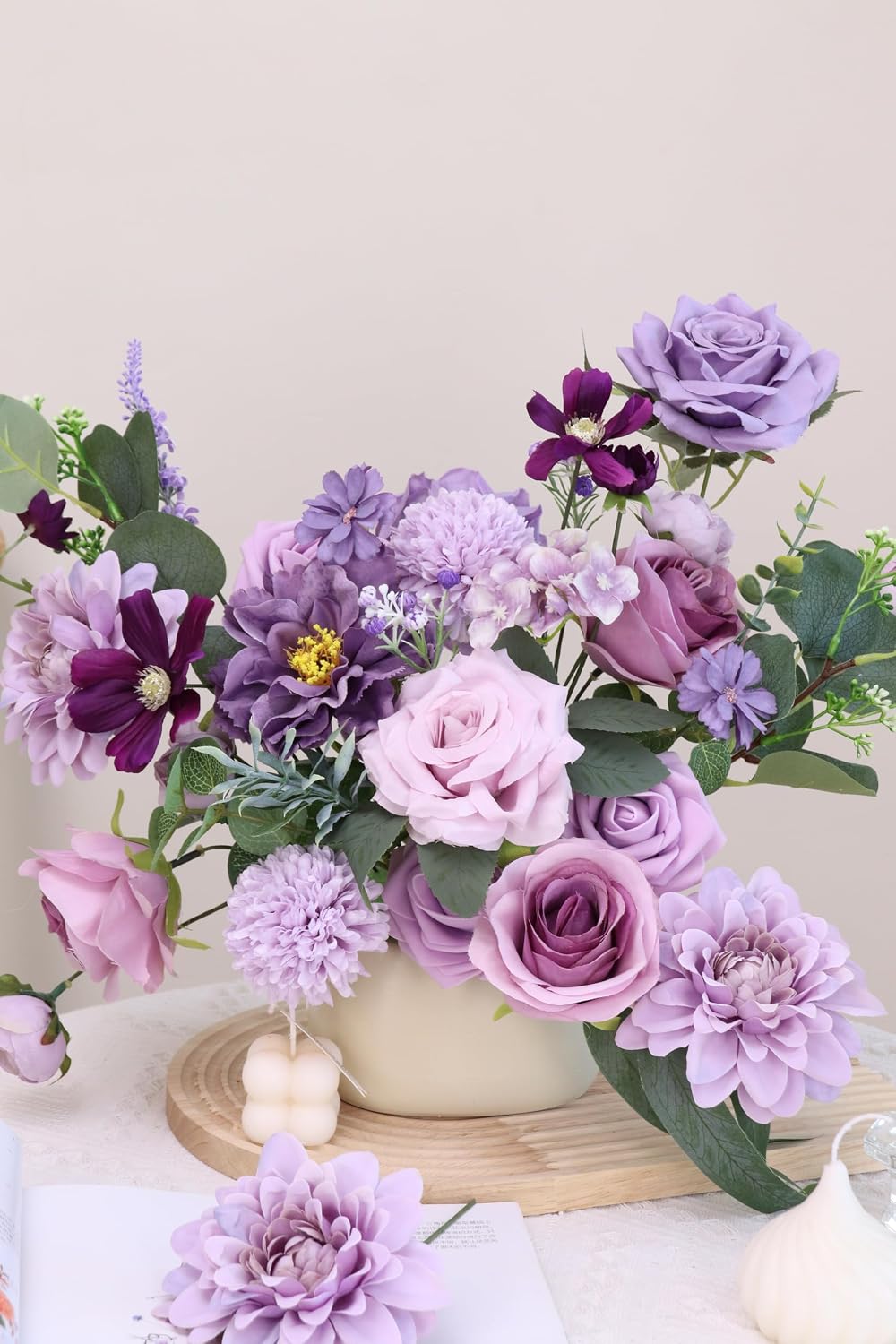 Artificial Flower Purple Combo Box Set Fake Rose Dahlia for DIY Wedding Center Bouquet Bride Baby Shower Party Tables Decoration Floral Arrangements.