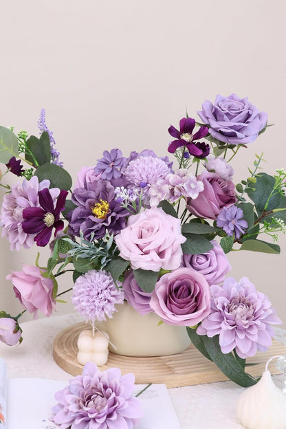 Artificial Flower Purple Combo Box Set Fake Rose Dahlia for DIY Wedding Center Bouquet Bride Baby Shower Party Tables Decoration Floral Arrangements.