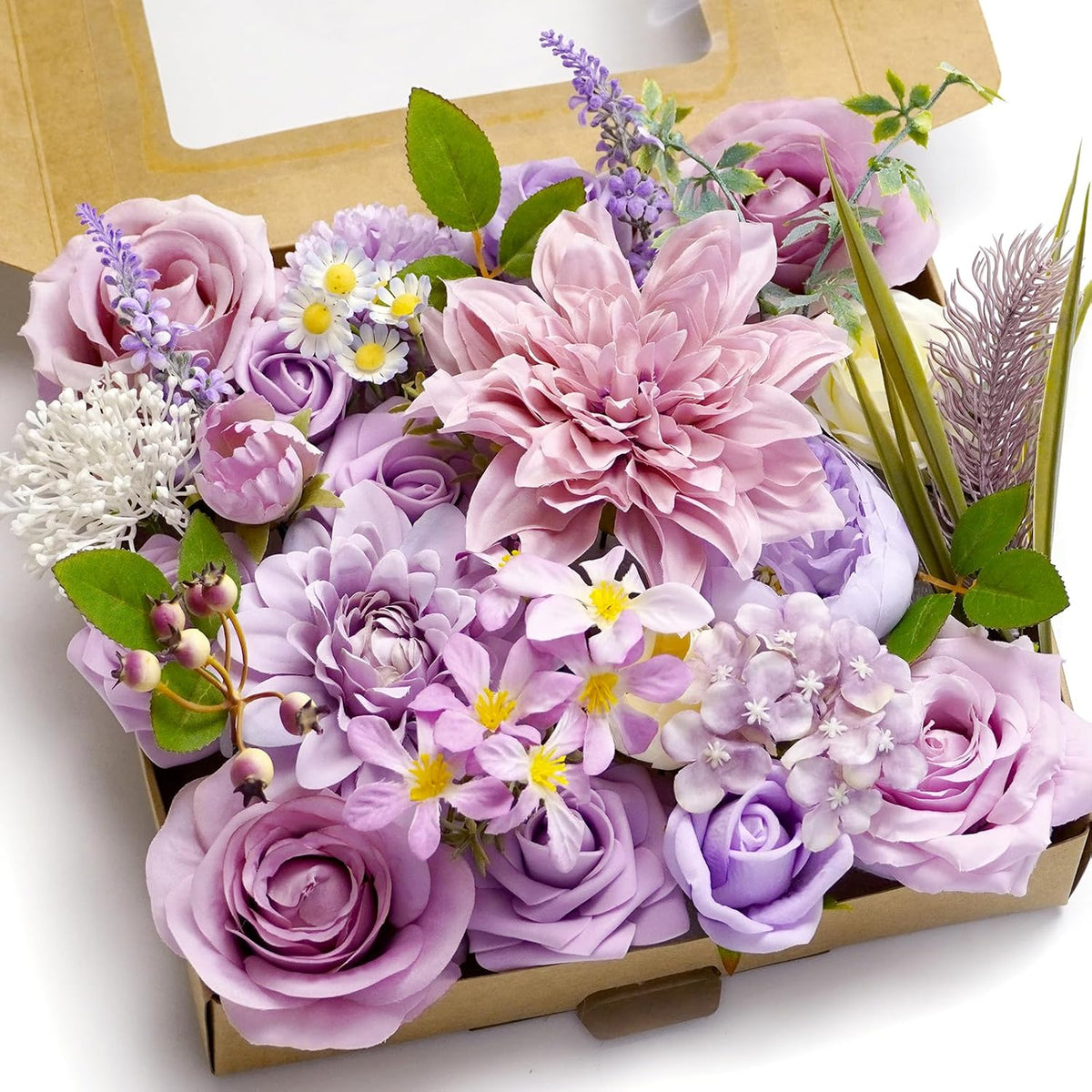 Artificial Flower Purple Combo Box Set Fake Rose Dahlia for DIY Wedding Center Bouquet Bride Baby Shower Party Tables Decoration Floral Arrangements.