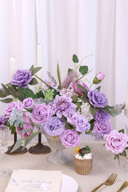 Artificial Flower Purple Combo Box Set Fake Rose Dahlia for DIY Wedding Center Bouquet Bride Baby Shower Party Tables Decoration Floral Arrangements.