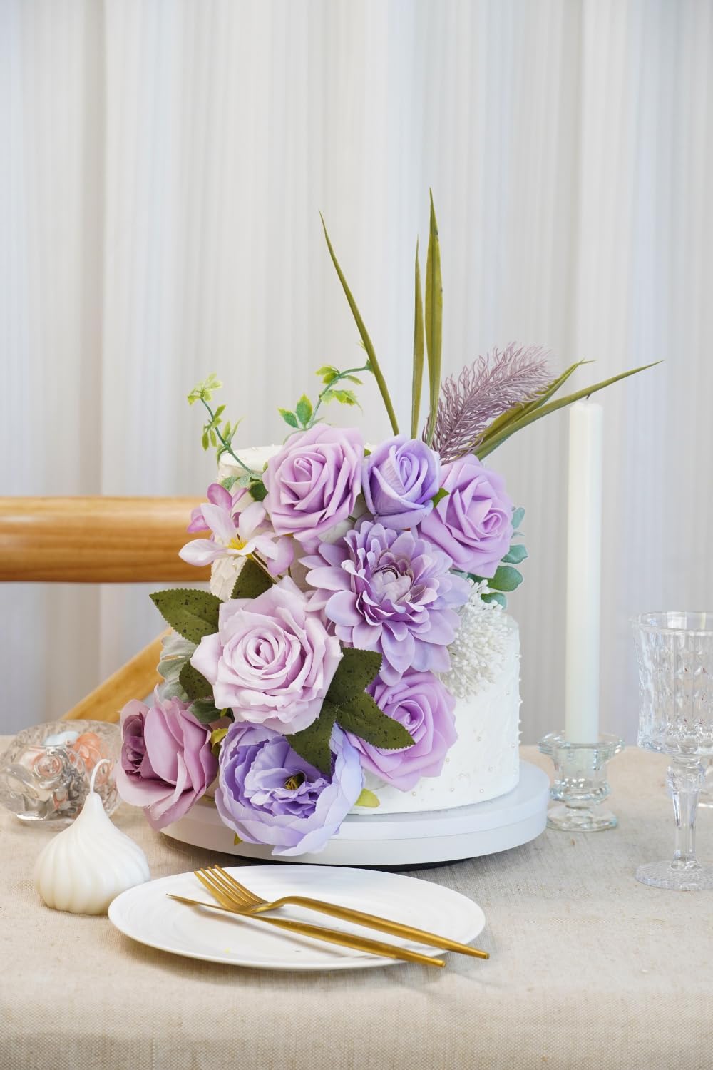 Artificial Flower Purple Combo Box Set Fake Rose Dahlia for DIY Wedding Center Bouquet Bride Baby Shower Party Tables Decoration Floral Arrangements.
