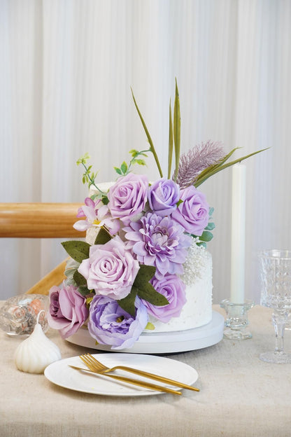 Artificial Flower Purple Combo Box Set Fake Rose Dahlia for DIY Wedding Center Bouquet Bride Baby Shower Party Tables Decoration Floral Arrangements.