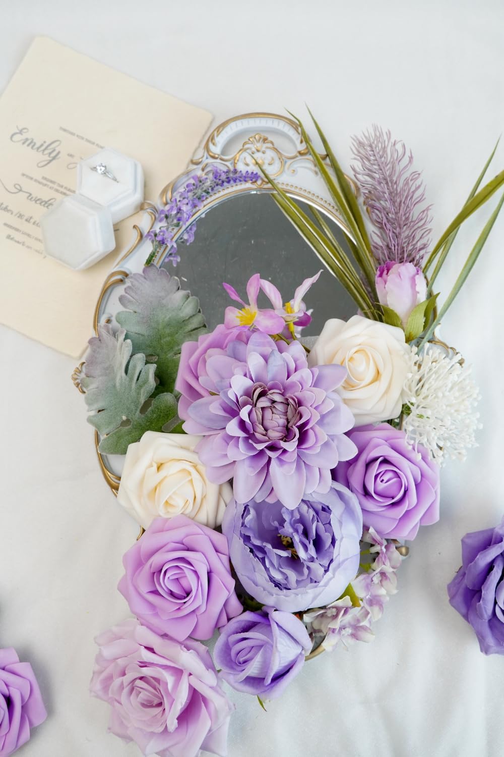 Artificial Flower Purple Combo Box Set Fake Rose Dahlia for DIY Wedding Center Bouquet Bride Baby Shower Party Tables Decoration Floral Arrangements.