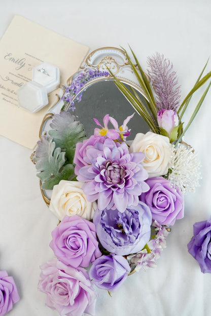 Artificial Flower Purple Combo Box Set Fake Rose Dahlia for DIY Wedding Center Bouquet Bride Baby Shower Party Tables Decoration Floral Arrangements.