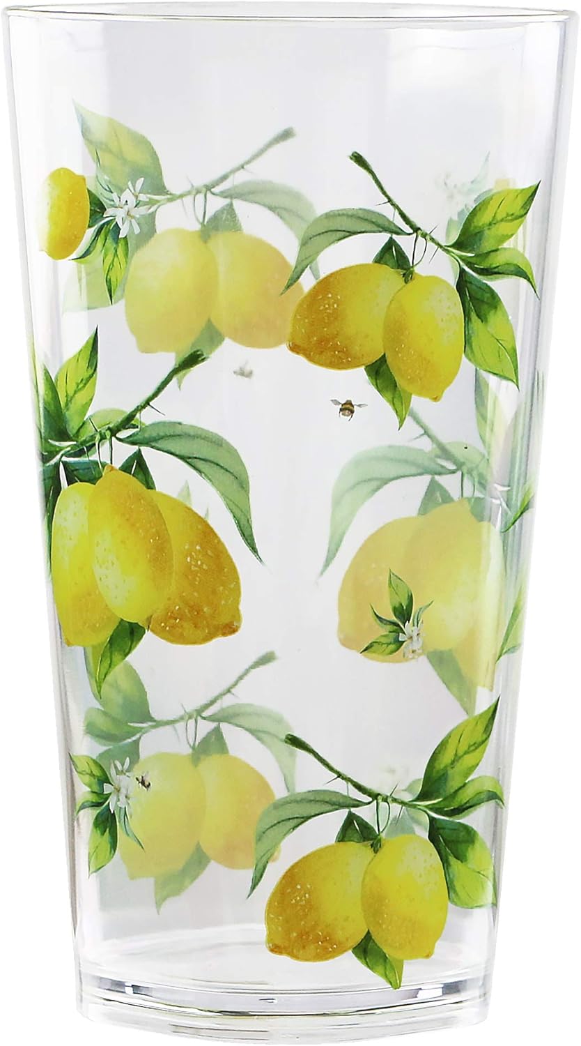 Calypso Basics Fresh Lemons 19 oz Acrylic Drinkware Set of 6 – BPA-Free, Indoor/Outdoor, Dishwasher Safe, Lemons with Bees
