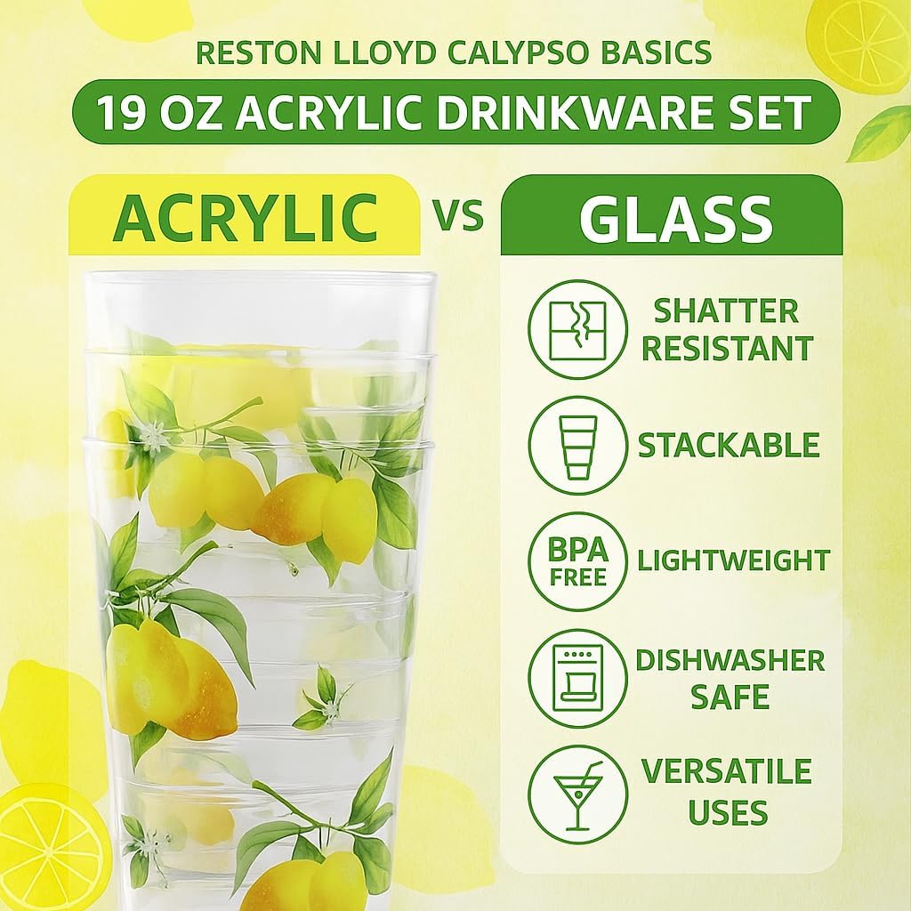 Calypso Basics Fresh Lemons 19 oz Acrylic Drinkware Set of 6 – BPA-Free, Indoor/Outdoor, Dishwasher Safe, Lemons with Bees