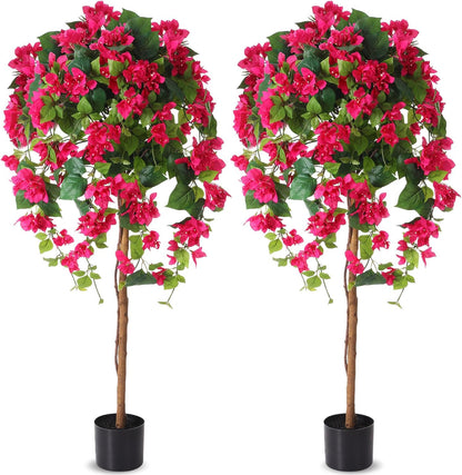 4 ft Bougainvillea Artificial 2 Pcs Artificial Bougainvillea Tree with Flowers in Plastic Pot Tall Floor Plant Faux Blooming Tree Large Fake Plants for Outdoor Indoor(Rose Red)