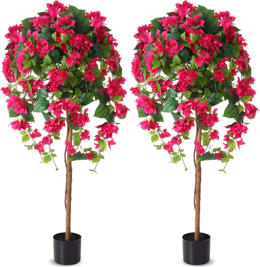 4 ft Bougainvillea Artificial 2 Pcs Artificial Bougainvillea Tree with Flowers in Plastic Pot Tall Floor Plant Faux Blooming Tree Large Fake Plants for Outdoor Indoor(Rose Red)