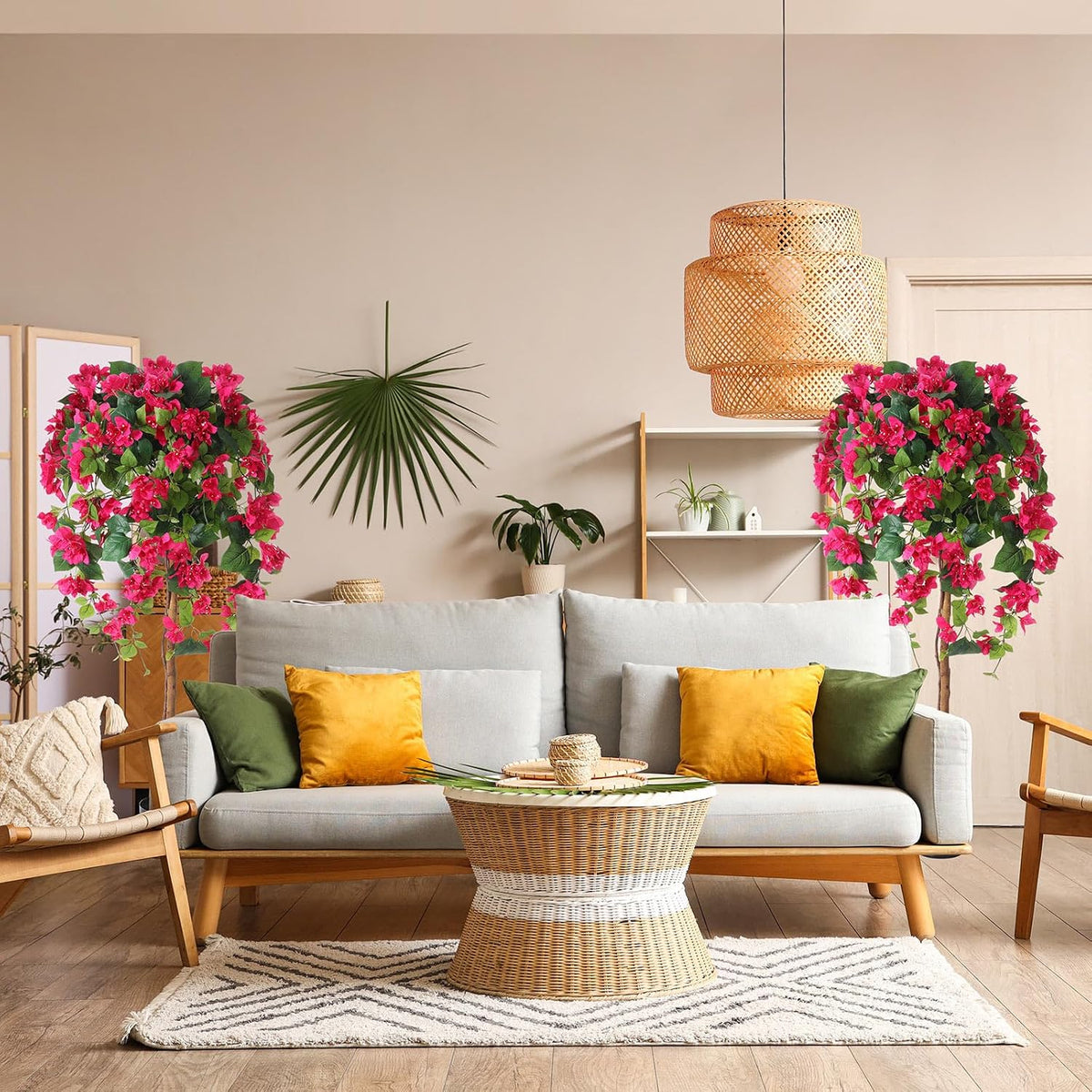 4 ft Bougainvillea Artificial 2 Pcs Artificial Bougainvillea Tree with Flowers in Plastic Pot Tall Floor Plant Faux Blooming Tree Large Fake Plants for Outdoor Indoor(Rose Red)