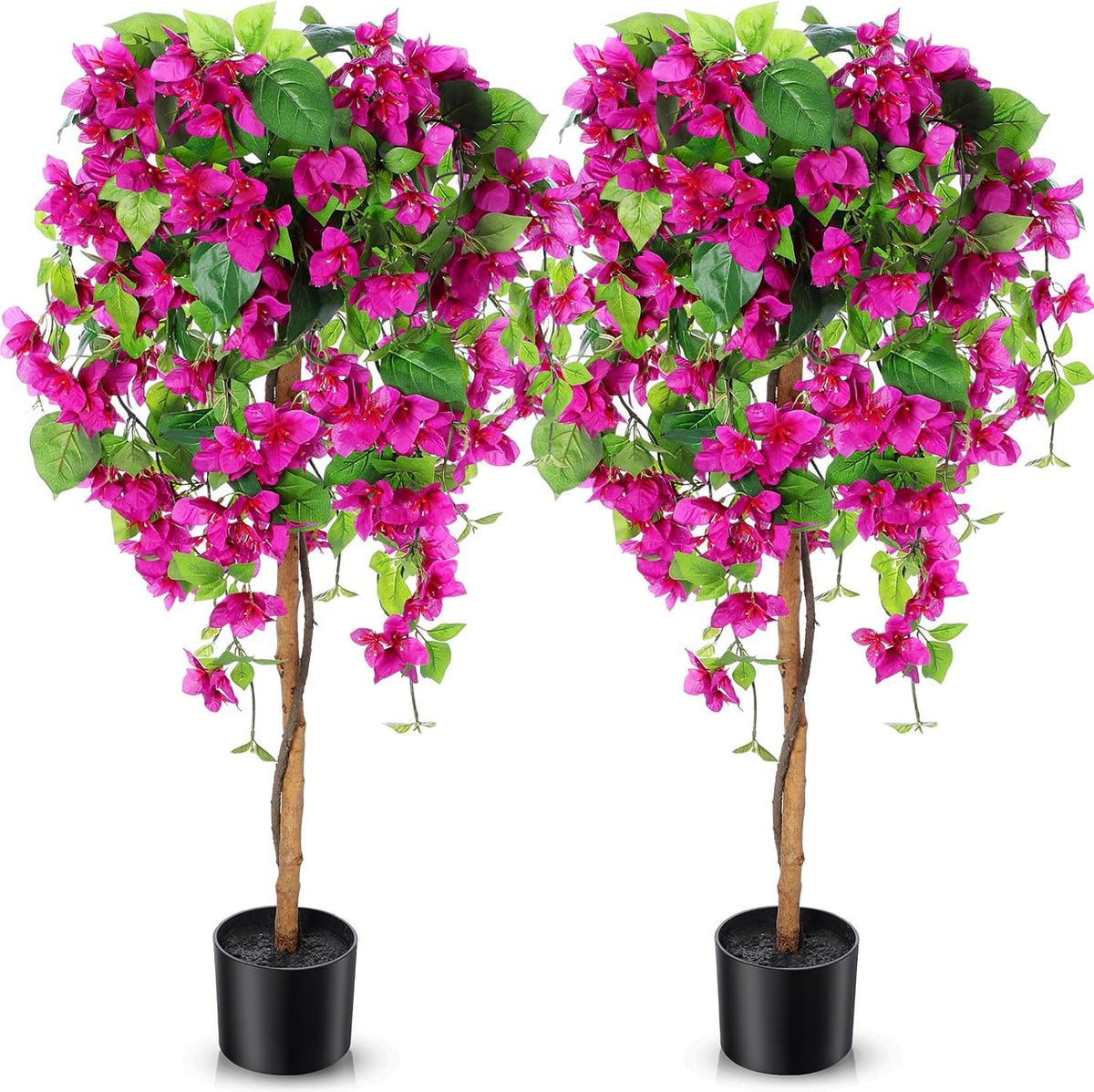 4 ft Bougainvillea Artificial 2 Pcs Artificial Bougainvillea Tree with Flowers in Plastic Pot Tall Floor Plant Faux Blooming Tree Large Fake Plants for Outdoor Indoor(Rose Red)
