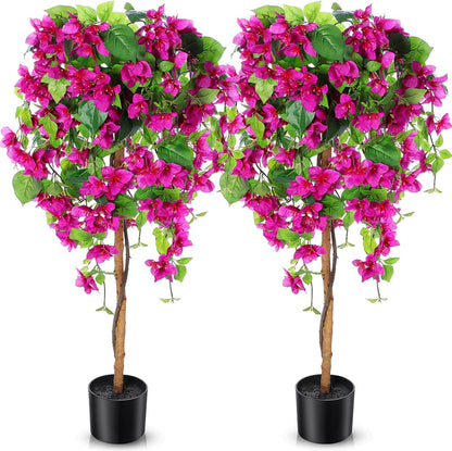 4 ft Bougainvillea Artificial 2 Pcs Artificial Bougainvillea Tree with Flowers in Plastic Pot Tall Floor Plant Faux Blooming Tree Large Fake Plants for Outdoor Indoor(Rose Red)