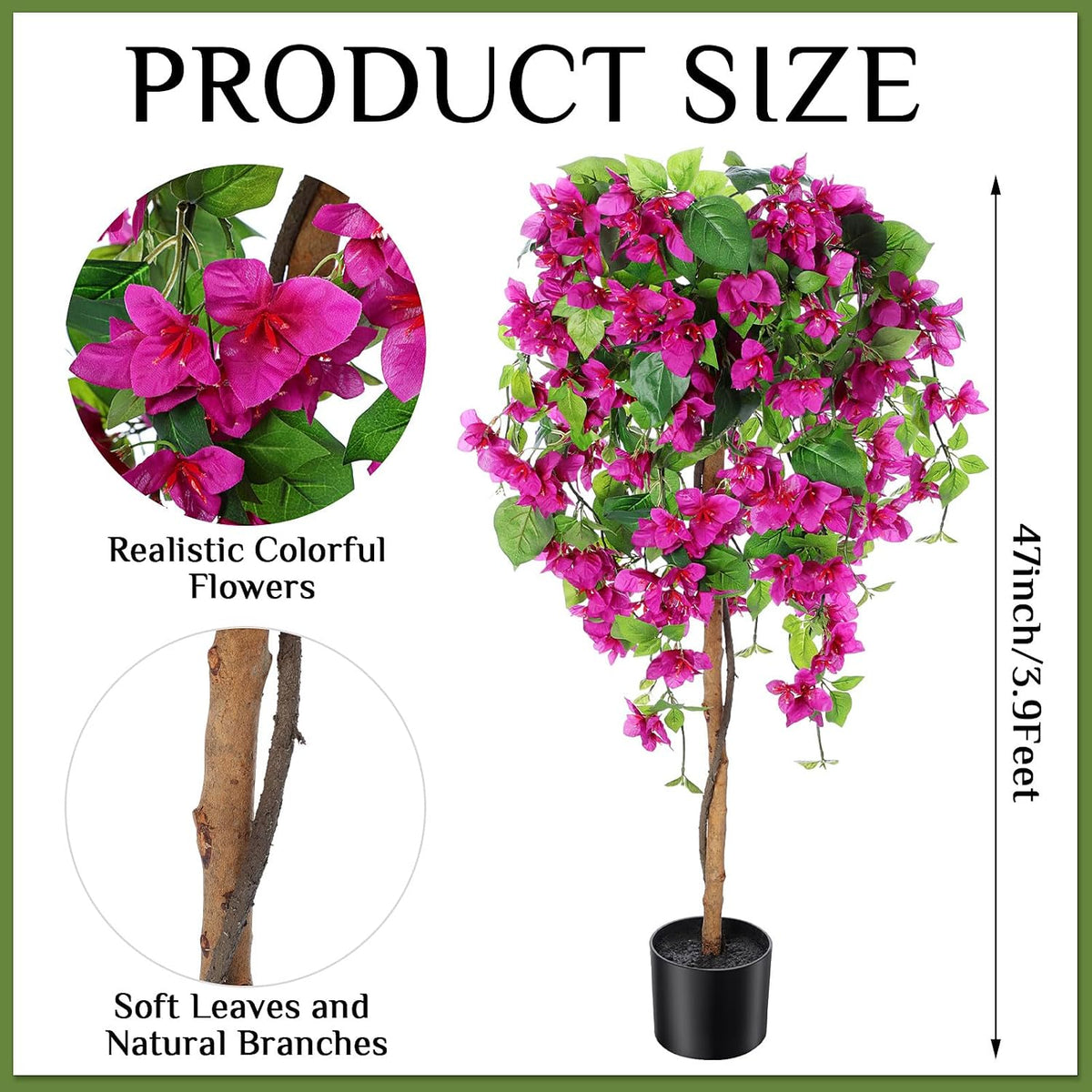 4 ft Bougainvillea Artificial 2 Pcs Artificial Bougainvillea Tree with Flowers in Plastic Pot Tall Floor Plant Faux Blooming Tree Large Fake Plants for Outdoor Indoor(Rose Red)