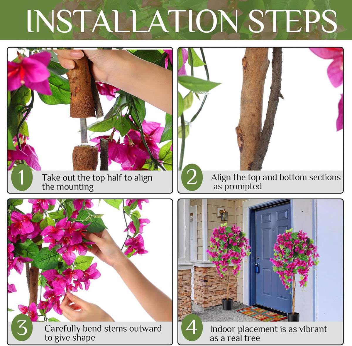4 ft Bougainvillea Artificial 2 Pcs Artificial Bougainvillea Tree with Flowers in Plastic Pot Tall Floor Plant Faux Blooming Tree Large Fake Plants for Outdoor Indoor(Rose Red)