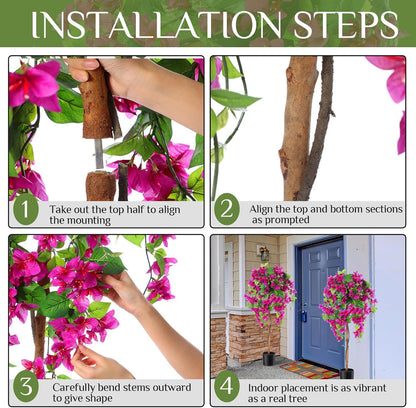 4 ft Bougainvillea Artificial 2 Pcs Artificial Bougainvillea Tree with Flowers in Plastic Pot Tall Floor Plant Faux Blooming Tree Large Fake Plants for Outdoor Indoor(Rose Red)