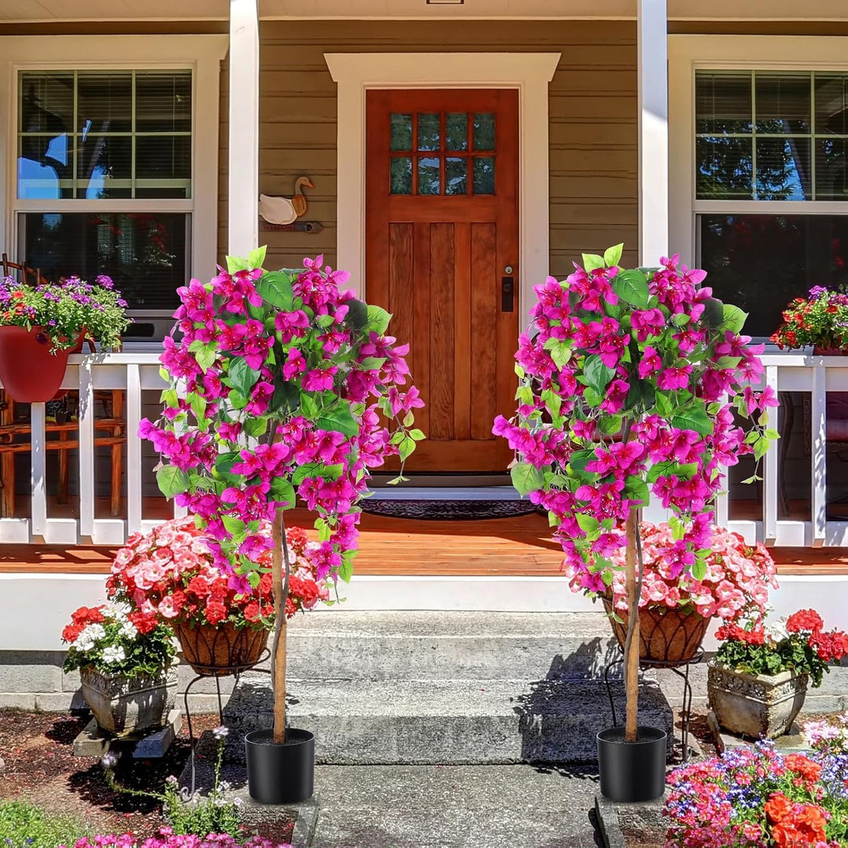 4 ft Bougainvillea Artificial 2 Pcs Artificial Bougainvillea Tree with Flowers in Plastic Pot Tall Floor Plant Faux Blooming Tree Large Fake Plants for Outdoor Indoor(Rose Red)